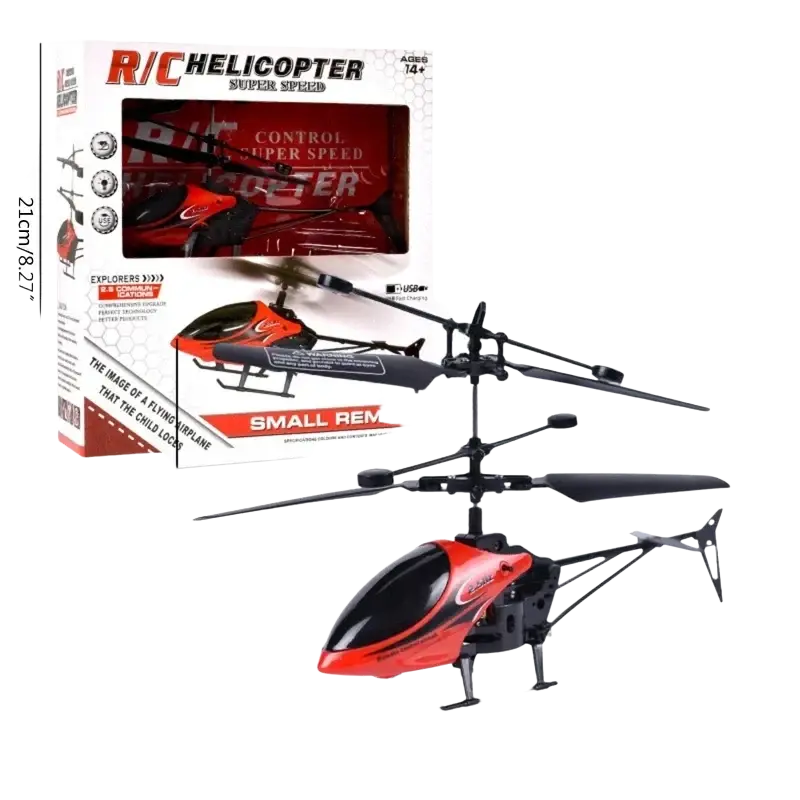 Red and black remote control helicopter with high quality glossy finish and detailed markings in package includes toy