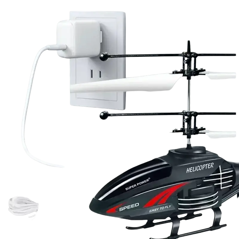 Remote control helicopter induction hover flying toy in black and red with white propellers and usb charging package includes