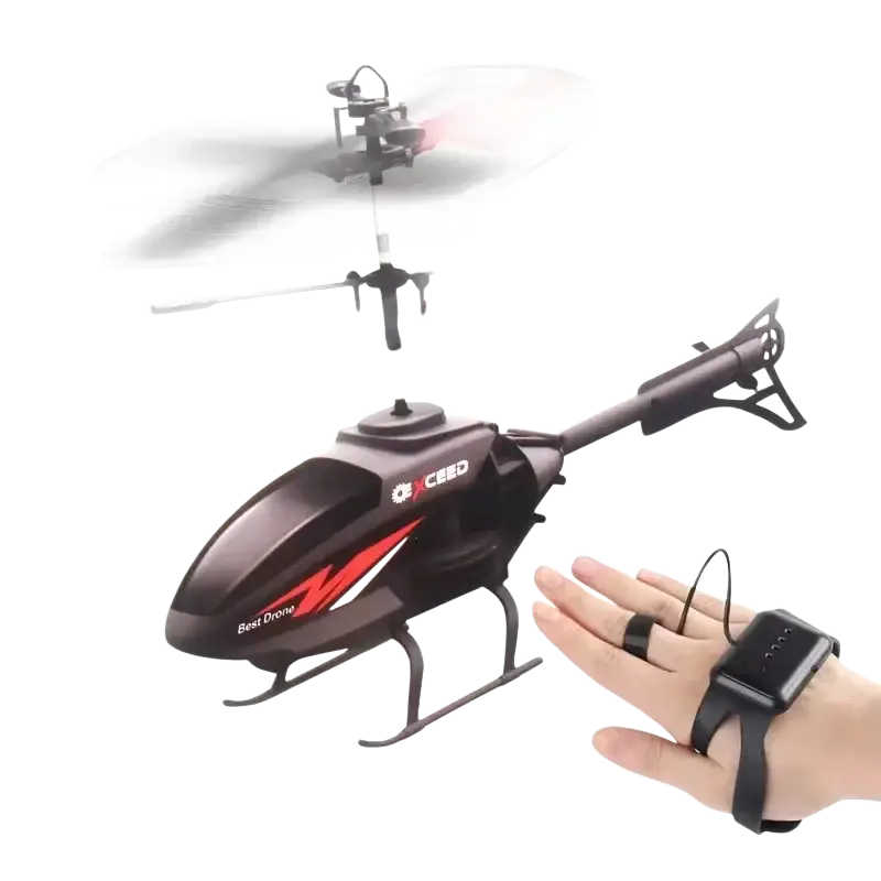 Remote control helicopter exceed toy with black and red plastic body and rotor blades package includes hover flying features