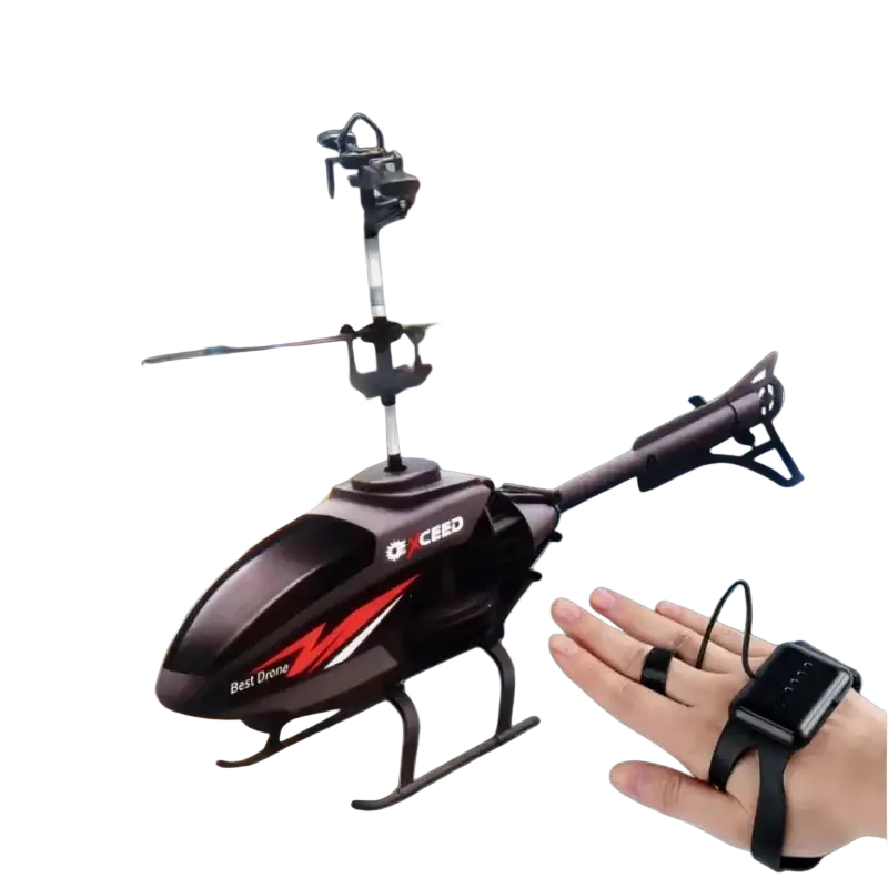 Black and red ceed remote control helicopter with transparent blades hovering above a hand wearing a smartwatch package includes induction hover flying toy