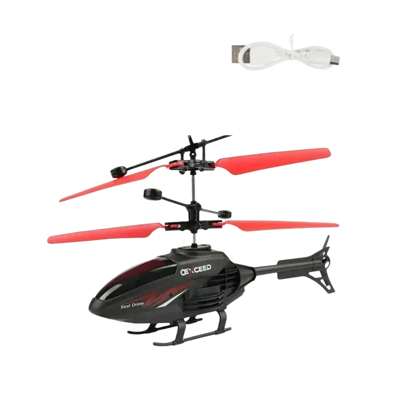 Black and red remote control helicopter with red blades and package includes usb charging cable for induction hover flying toy
