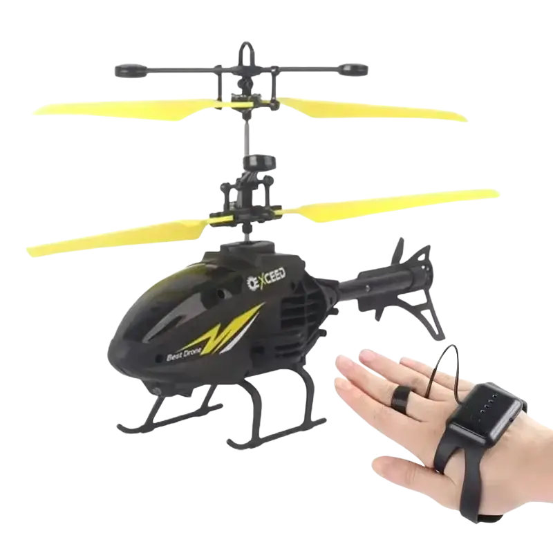 Black and yellow remote control helicopter with wrist-mounted controller package includes induction hover flying toy
