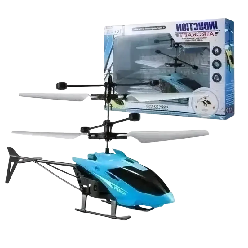 Blue and black remote control helicopter with white blades packaged in branded box package includes induction hover flying toy