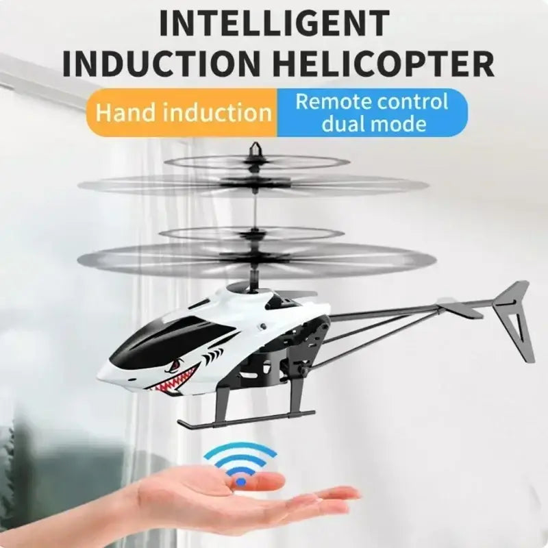 White and black shark-themed remote control helicopter with intelligent induction and dual mode functionality package includes remote control