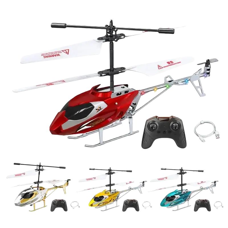 Red and silver remote control helicopter with white blades and black controller for easy flight toy for kids