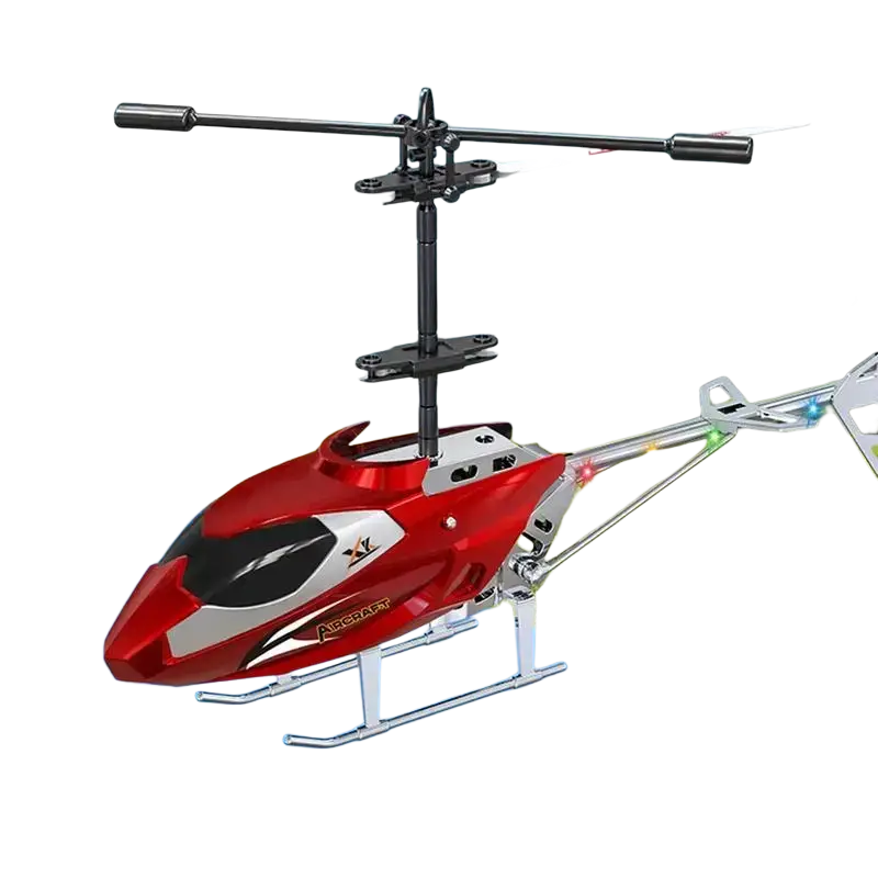 Red and silver remote control helicopter with white blades and warning labels for kids easy flight toy