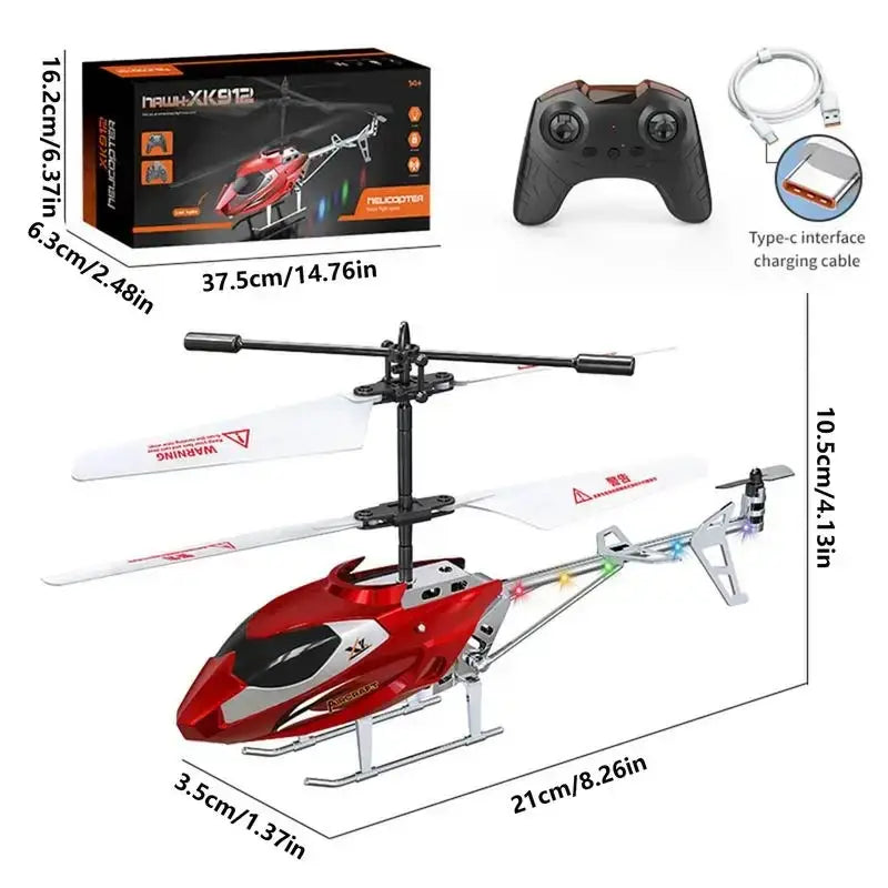 Red and silver remote control helicopter with white blades designed as an easy flight toy for kids