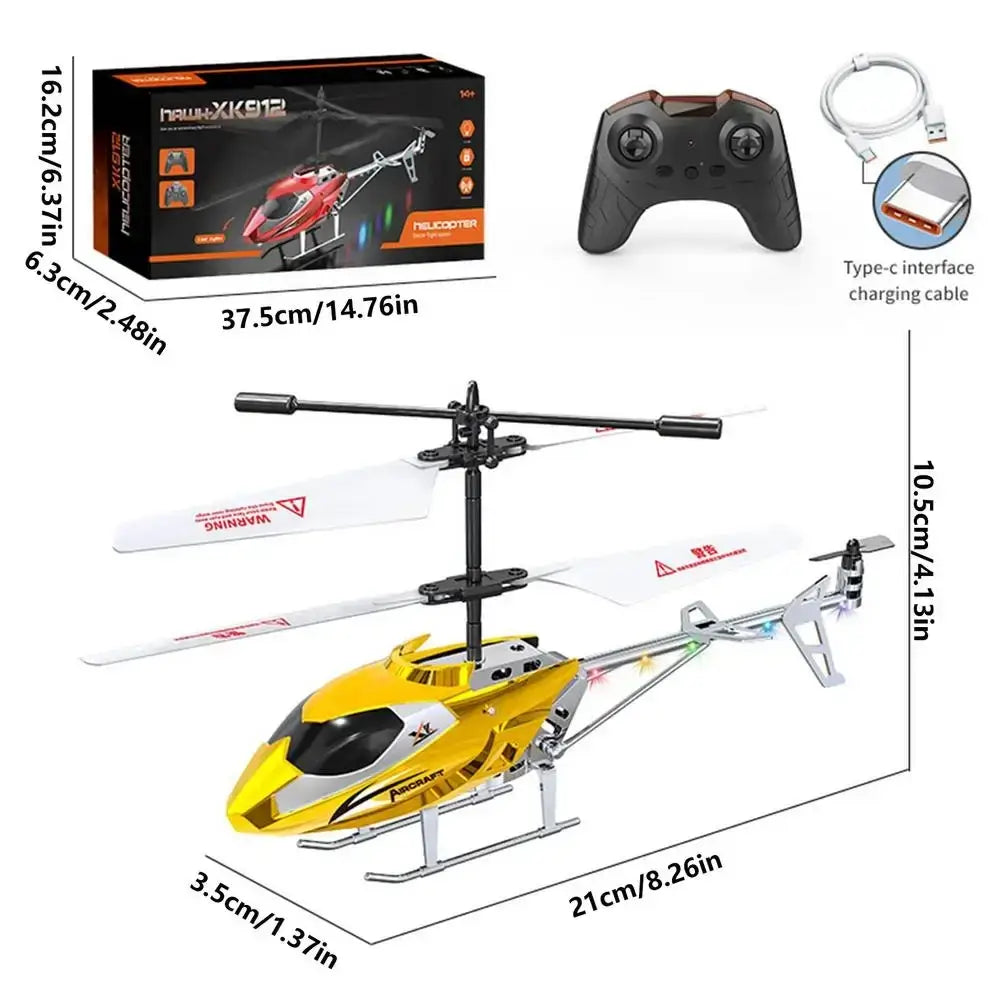 Yellow and black remote control helicopter with white blades designed as an easy flight toy for kids