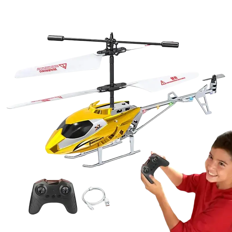 Yellow and silver remote control helicopter with black rotor blades designed as an easy flight toy for kids