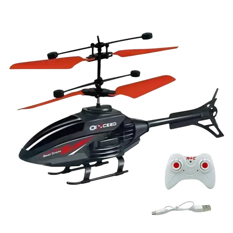 Black and red cxpceed remote control helicopter with orange blades designed for indoor use with optimized charging time and flight time