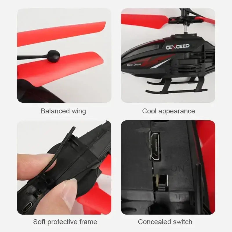 Black and red exceed remote control helicopter with balanced wings and soft protective frame for indoor flight time