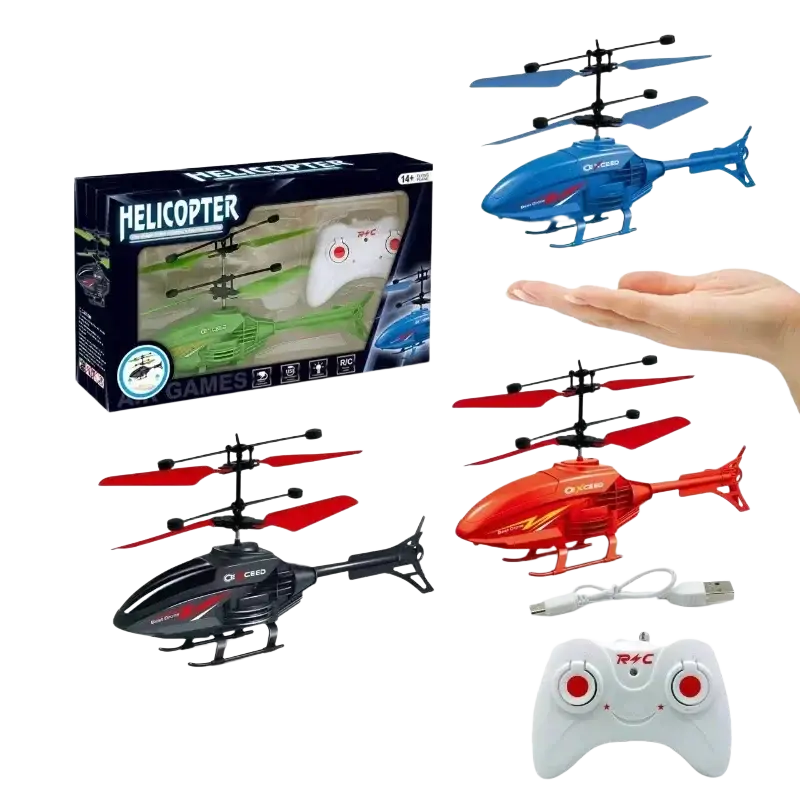 Blue and red remote control helicopter with black rotor blades and white controller designed for indoor use with led lights