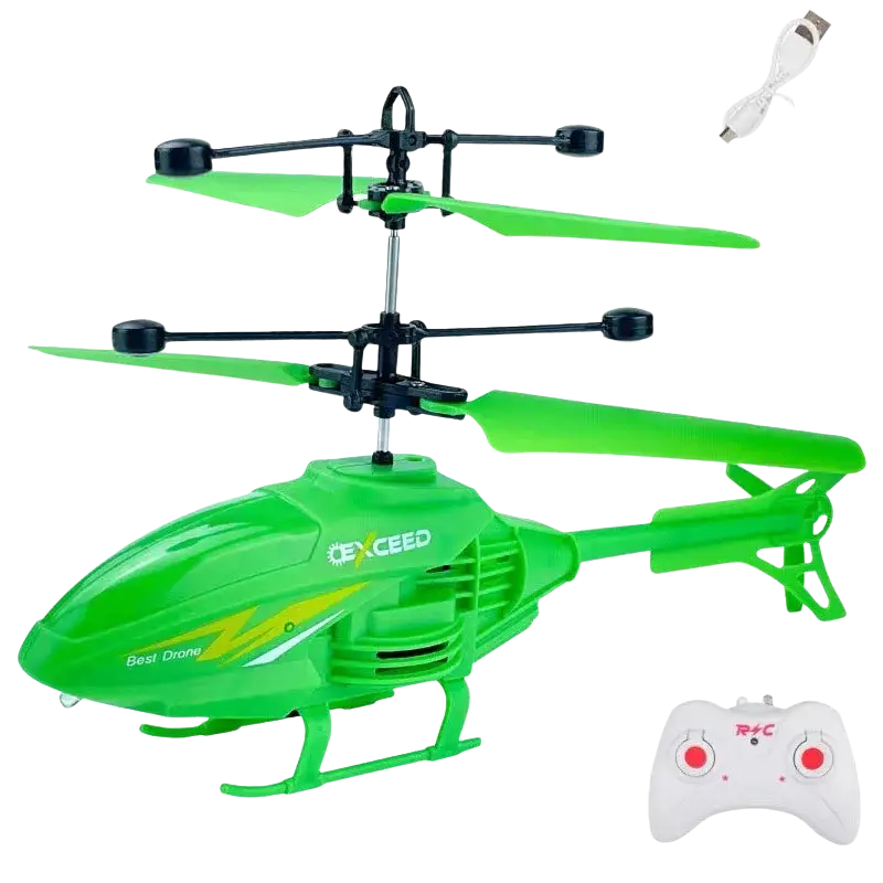 Bright green exceed remote control helicopter with black rotor arms and yellow stripes for indoor flight time play