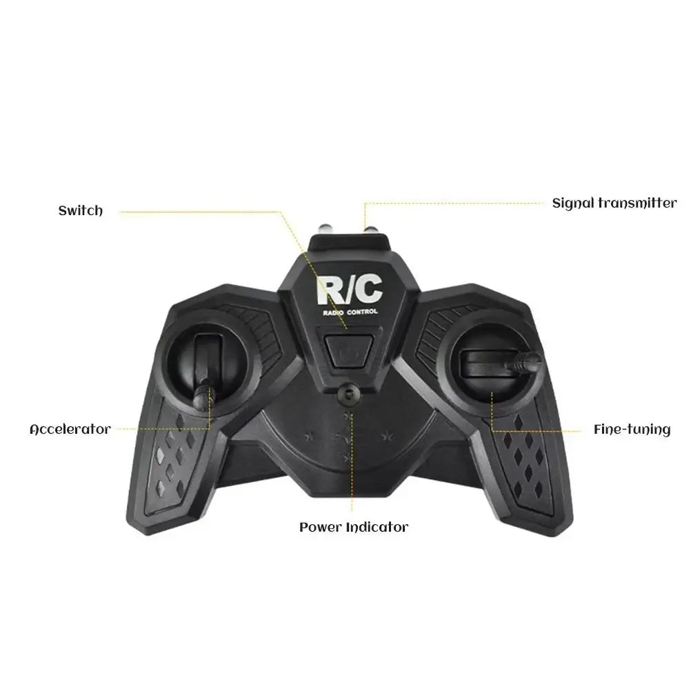 Black plastic remote control with two joysticks labeled switches and knobs for remote control helicopter with LED lights and USB charging