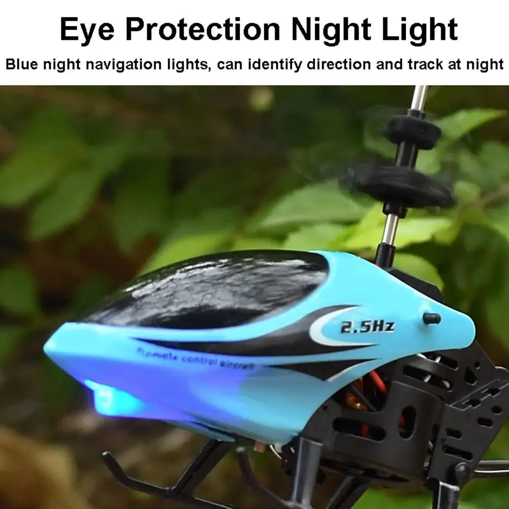 Blue and black remote control helicopter with led lights and usb charging featuring glowing blue night navigation lights