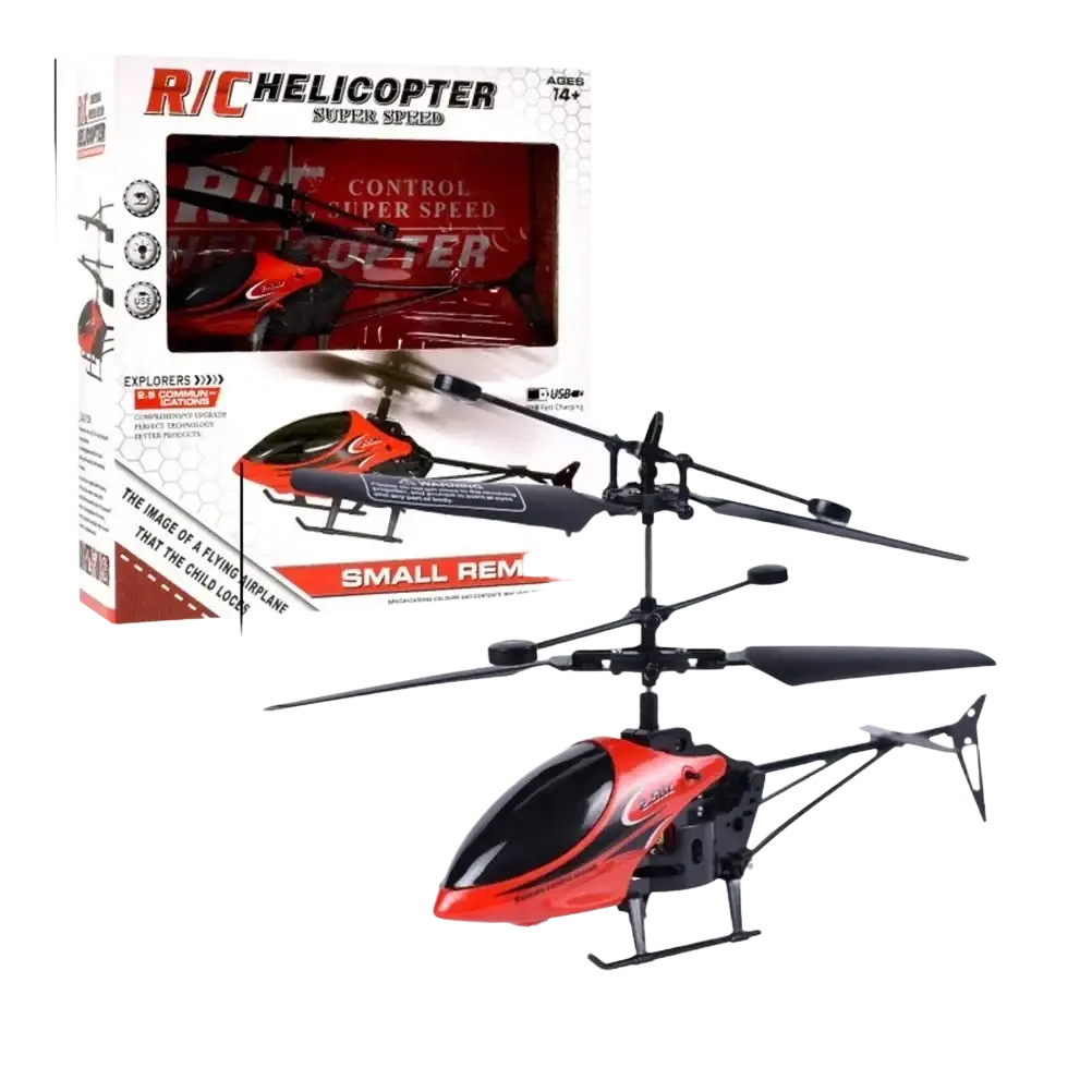 Red and black remote control helicopter with led lights and usb charging featuring sleek aerodynamic design