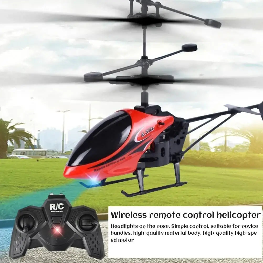 Red and black remote control helicopter with led lights and usb charging featuring a glowing blue light on the nose