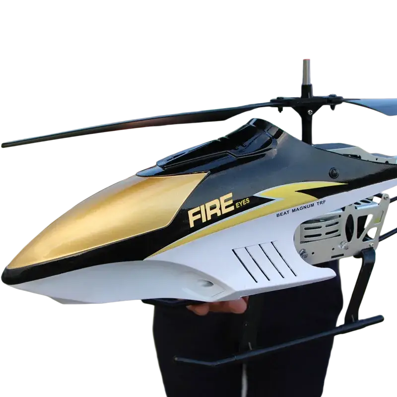 Black white and gold remote control helicopter with fire eyes branding powered by lithium battery for outdoor use