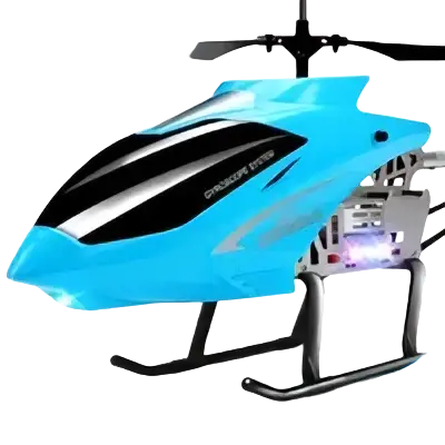 Blue and black remote control helicopter with led lights powered by a lithium battery for extended flight use