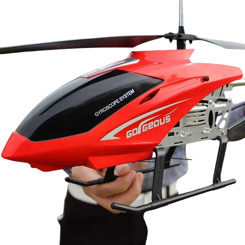 Red and black remote control helicopter with gorgeous branding and visible gyroscope system featuring lithium battery