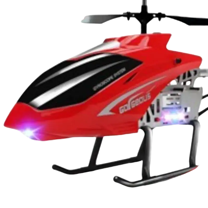 Remote control helicopter in red and black with glowing purple nose lights powered by lithium battery