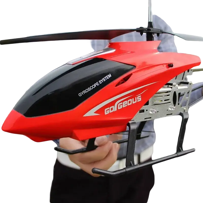 Red and black remote control helicopter with gorgeous branding featuring a lithium battery for extended flight