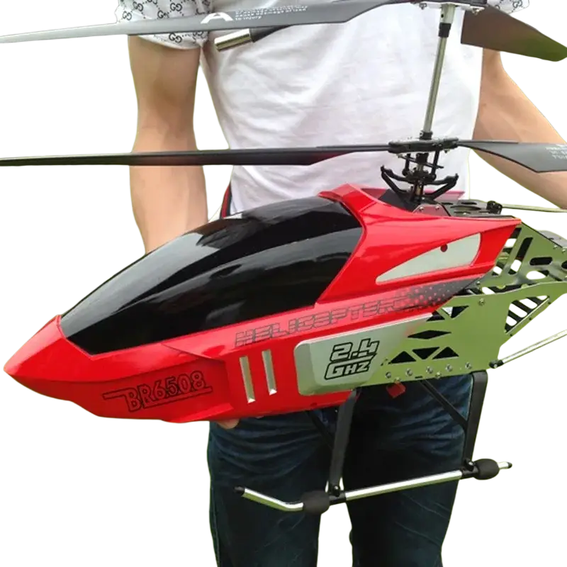 Red and black remote control helicopter with silver accents and lithium battery featuring a sleek aerodynamic design