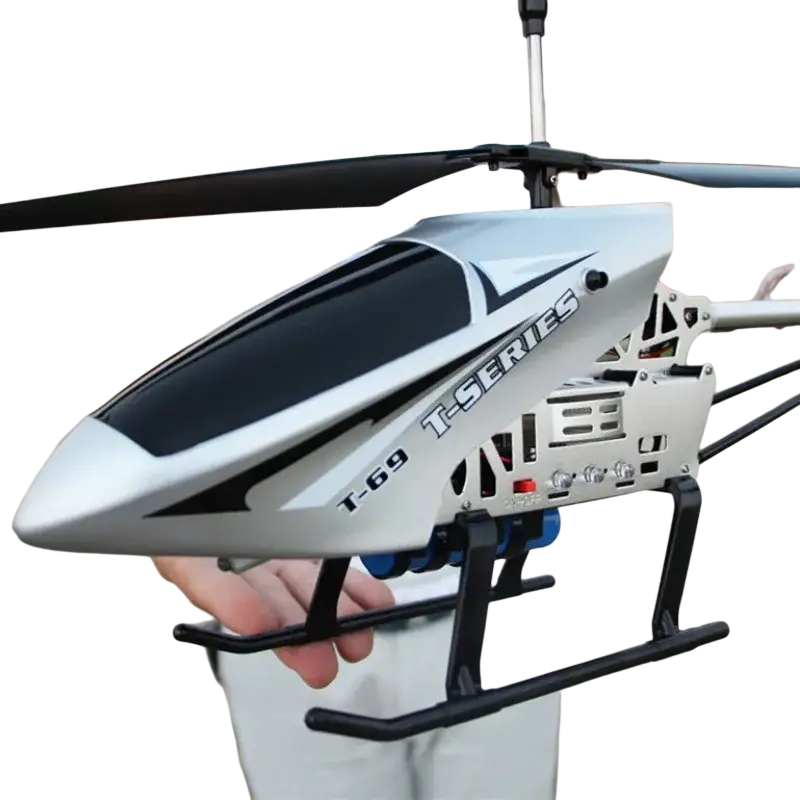Silver and black remote control helicopter with t-69 t-series branding featuring a lithium battery for extended flight