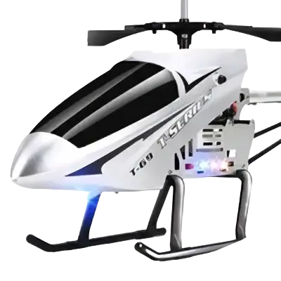 White and black remote control helicopter with blue led lights featuring a lithium battery for extended flight