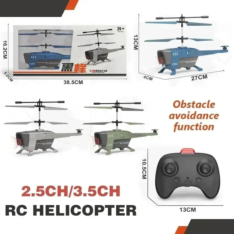 Blue and gray remote control helicopter with black rotor blades featuring sleek design and obstacle avoidance function