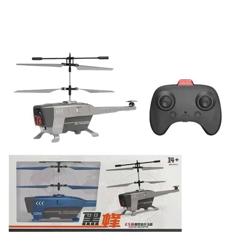 Gray and black 2.5ch remote control helicopter with obstacle avoidance feature shown with matching remote control for improved shipping time