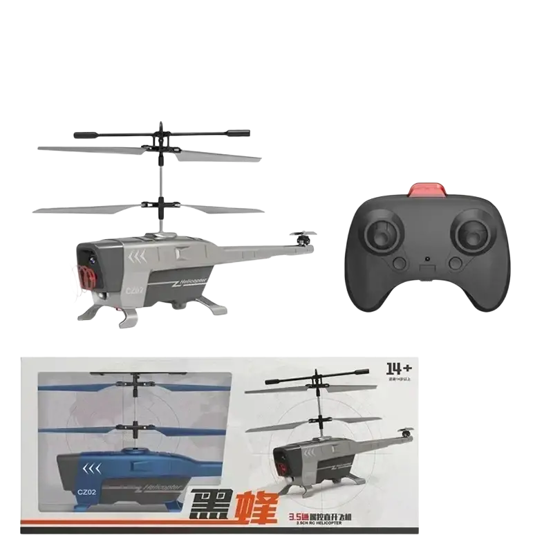 Gray and black remote control helicopter with obstacle avoidance feature and matching controller shown for shipping time