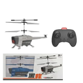 Gray and black remote control helicopter with obstacle avoidance feature and matching controller shown for shipping time