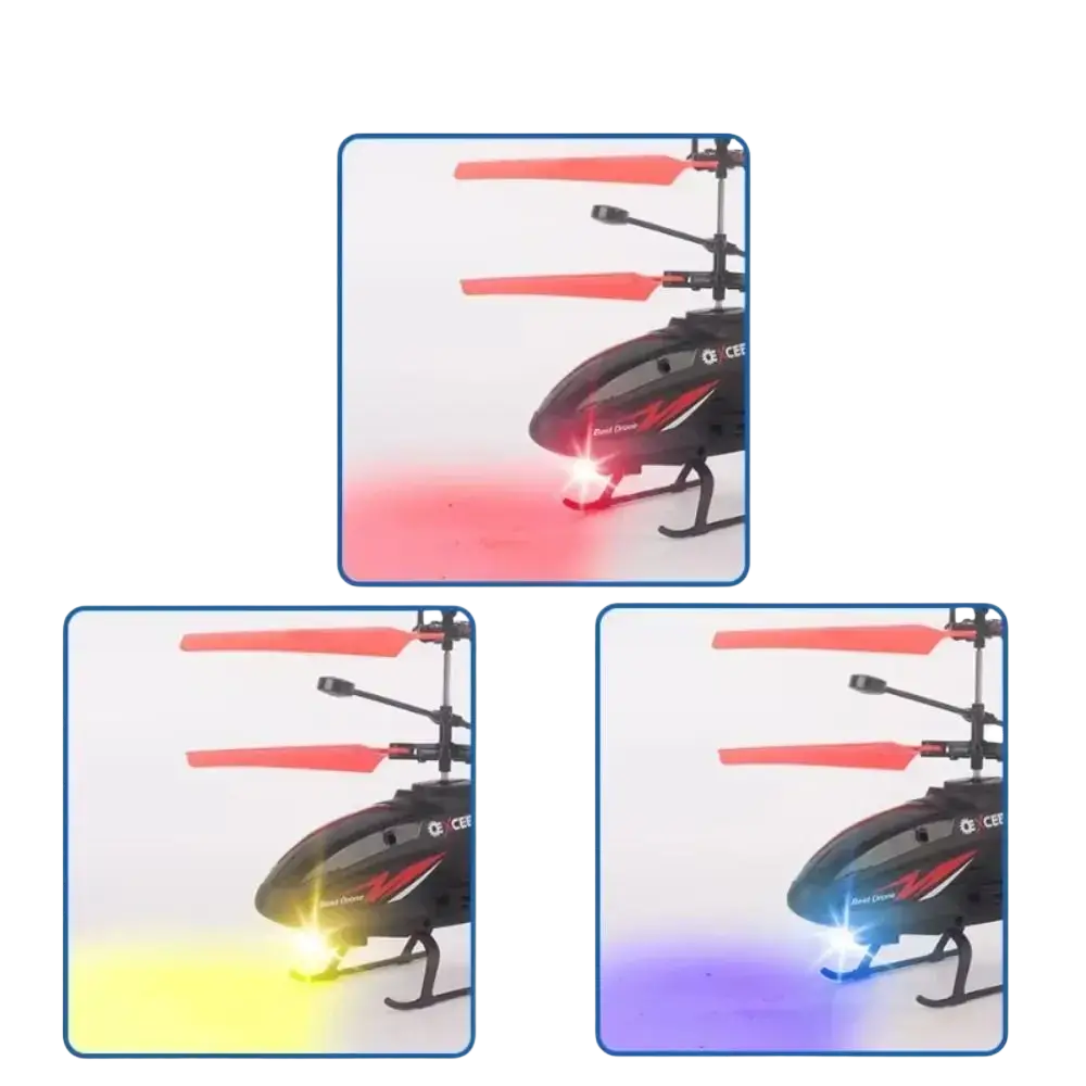 Black remote control helicopter with red blades and multicolor led lights featuring rechargeable batteries and long flight time