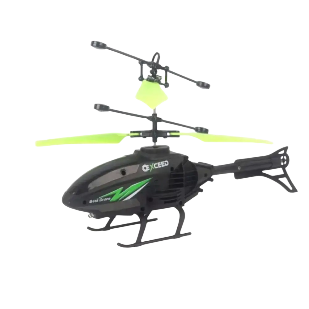 Black and green exceed remote control helicopter with glowing lime-green blades and rechargeable batteries for extended flight time