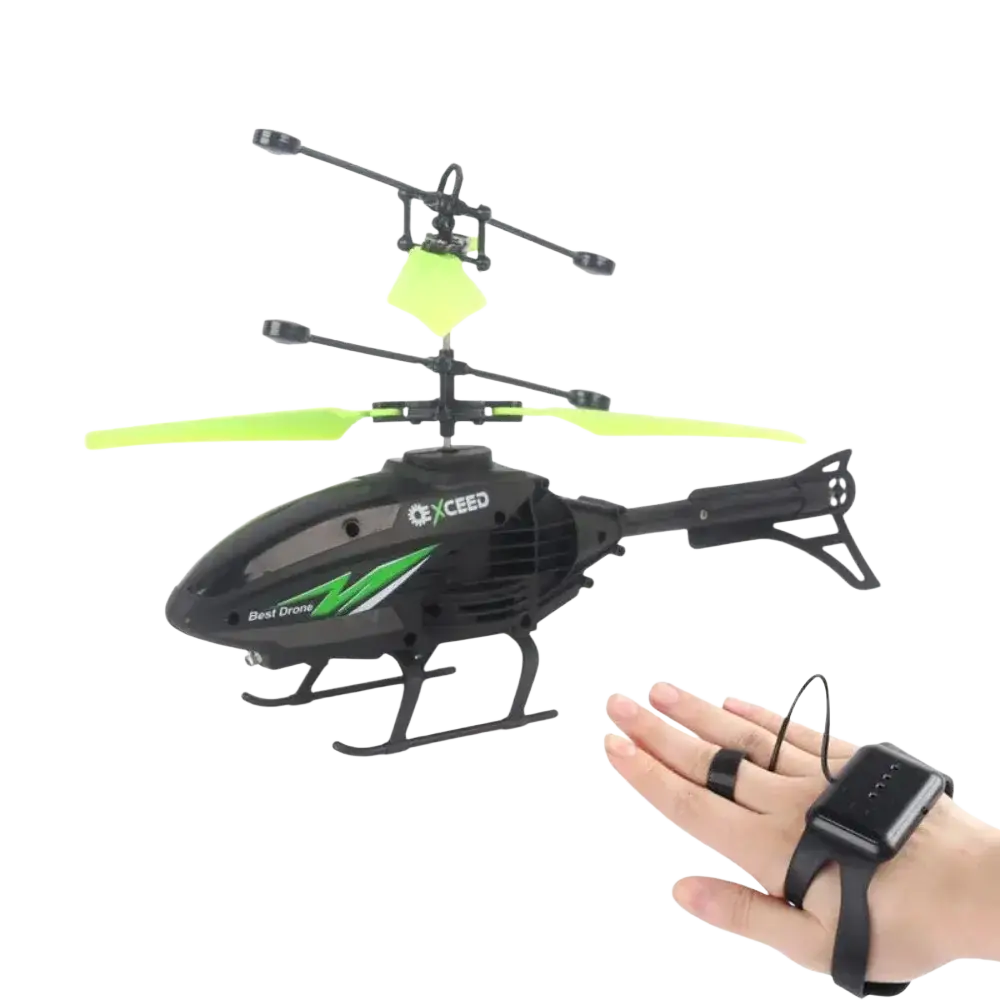 Black and neon green exceed brand remote control helicopter with rechargeable batteries and wrist-mounted controller for extended flight time