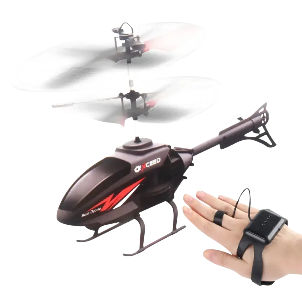 Black and red remote control helicopter with wrist-mounted controller featuring rechargeable batteries for extended flight time