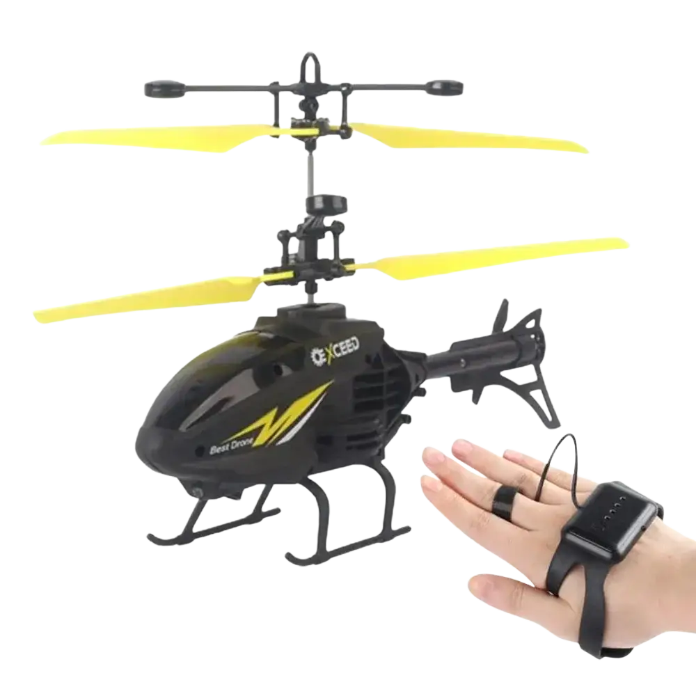 Black and yellow remote control helicopter with wrist-mounted controller featuring rechargeable batteries for extended flight time