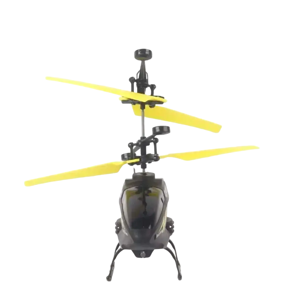 Remote control helicopter with rechargeable batteries in black and yellow with sleek glossy finish for extended flight time