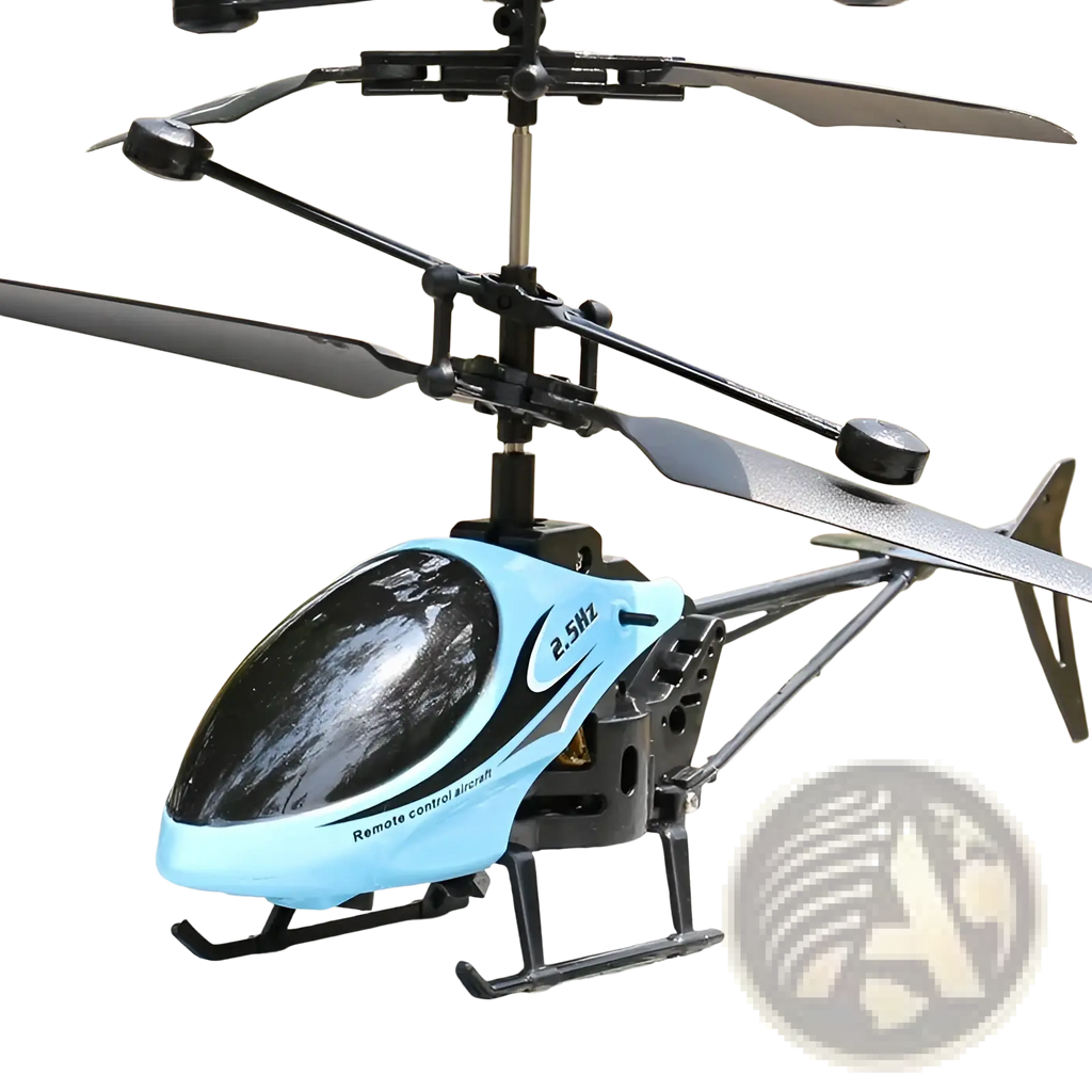 Light blue and black remote control helicopter toy for kids with silver propellers and adjustable speed control