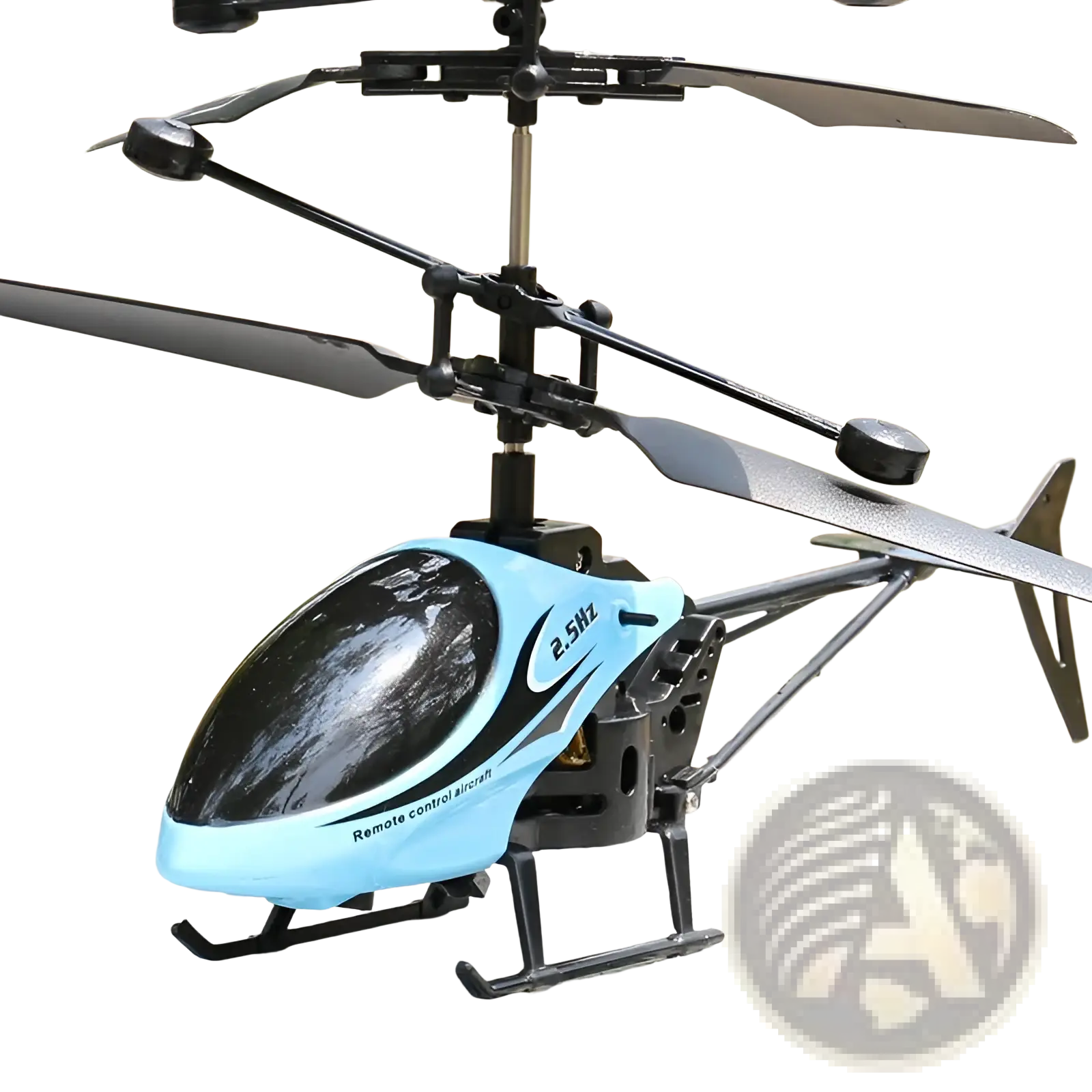 Light blue and black remote control helicopter toy for kids with silver propellers and adjustable speed control