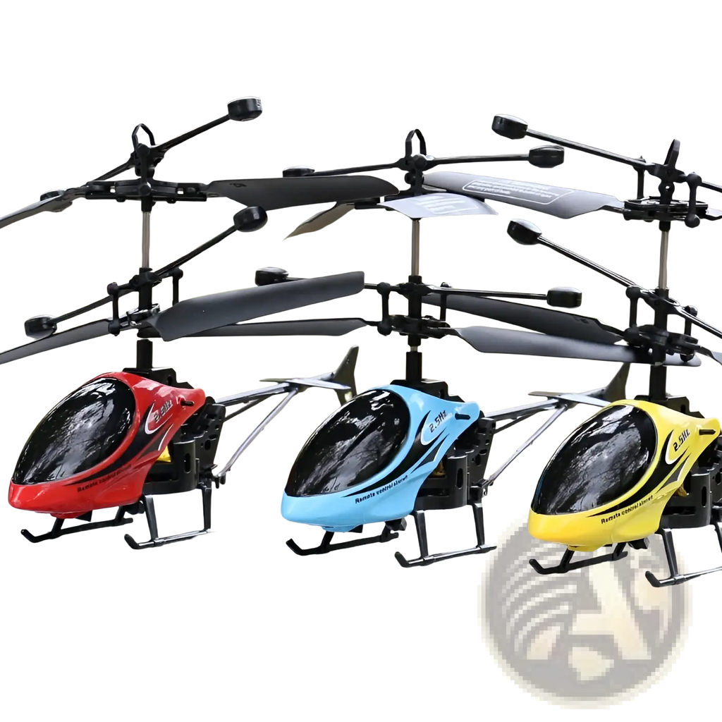 Three colorful remote control helicopter toys for kids with speed control featuring glossy plastic bodies in red blue and yellow