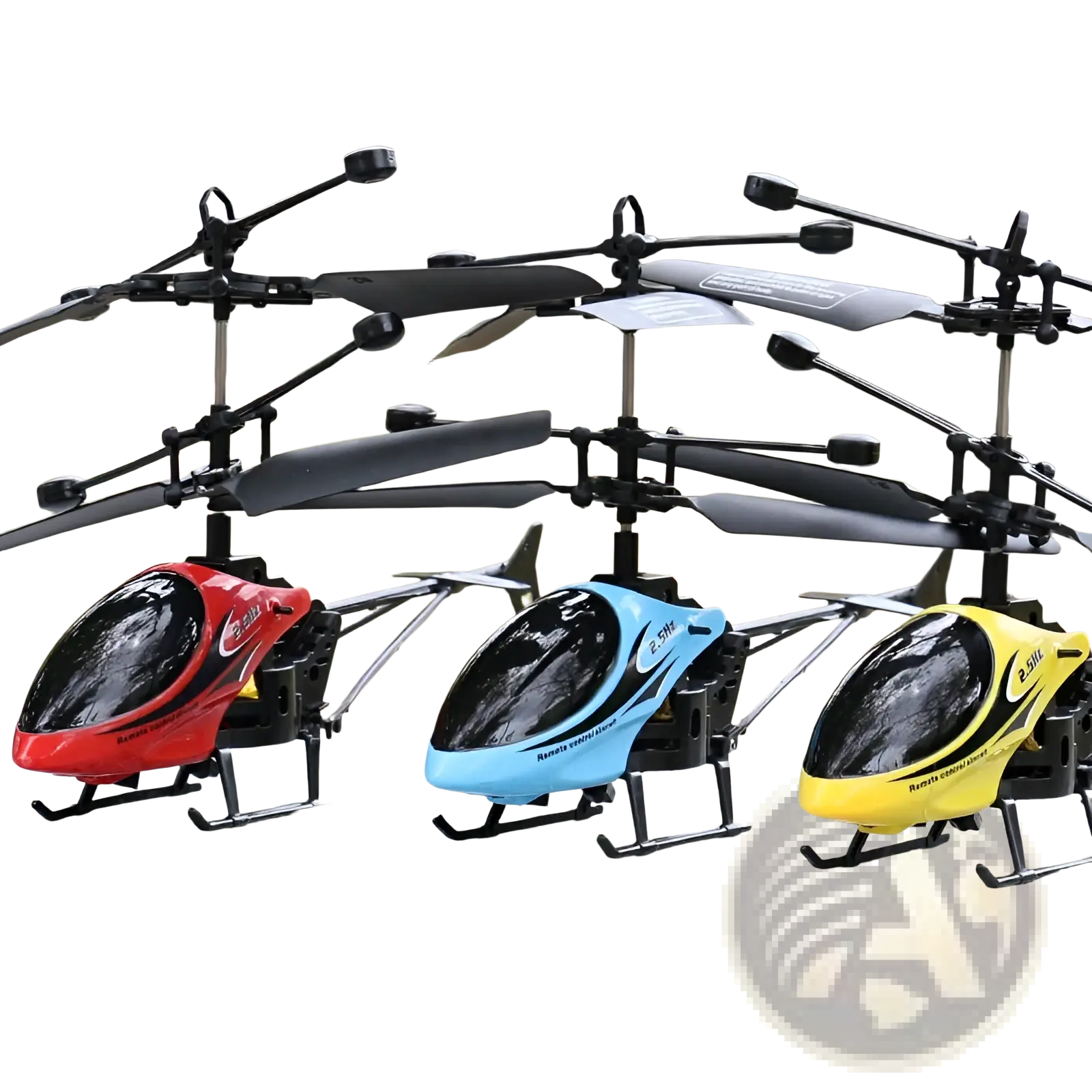 Three colorful remote control helicopter toys for kids with speed control featuring glossy plastic bodies in red blue and yellow