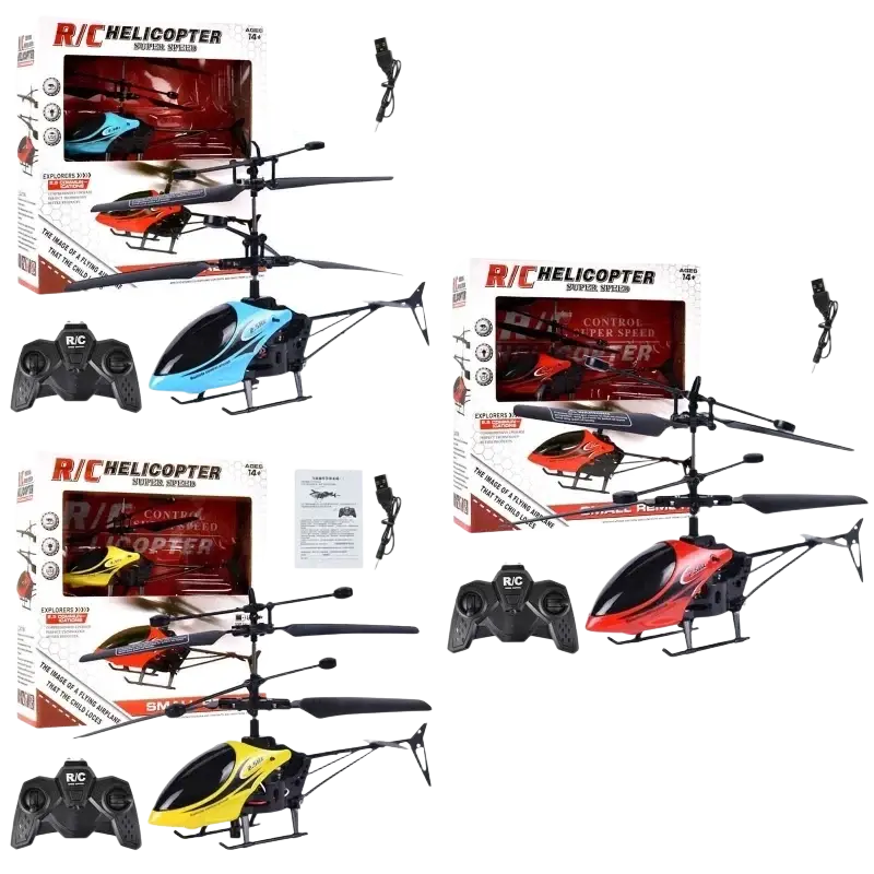 Blue and black remote control helicopter toy with red accents and led lights featuring sleek aerodynamic design package includes controller