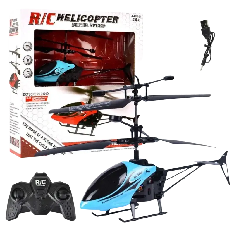 Blue and black remote control helicopter toy with sleek aerodynamic design and led lights package includes remote control aircraft