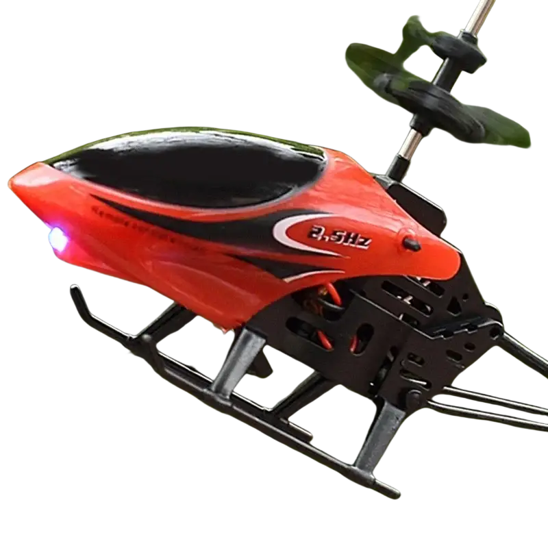 Remote control helicopter toy in red and black with led lights and glowing blue nose included in package includes remote control aircraft
