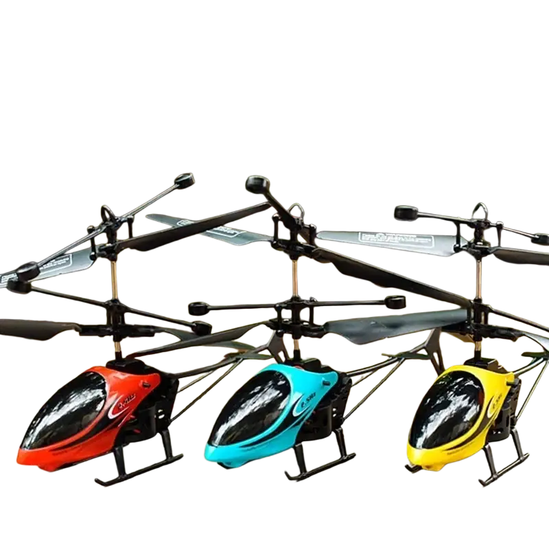 Three remote control helicopter toys in red blue and yellow with led lights displayed on a stone surface package includes three