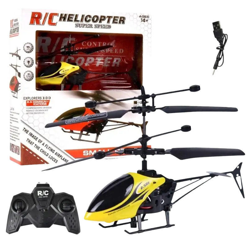 Yellow and black remote control helicopter toy with led lights featuring a sleek aerodynamic design package includes remote control aircraft