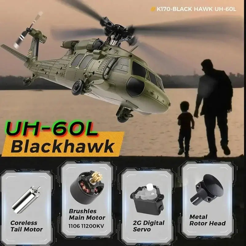 Olive green remote control black hawk uh-60l helicopter model with detailed cockpit and rotor blades from wltoys k170