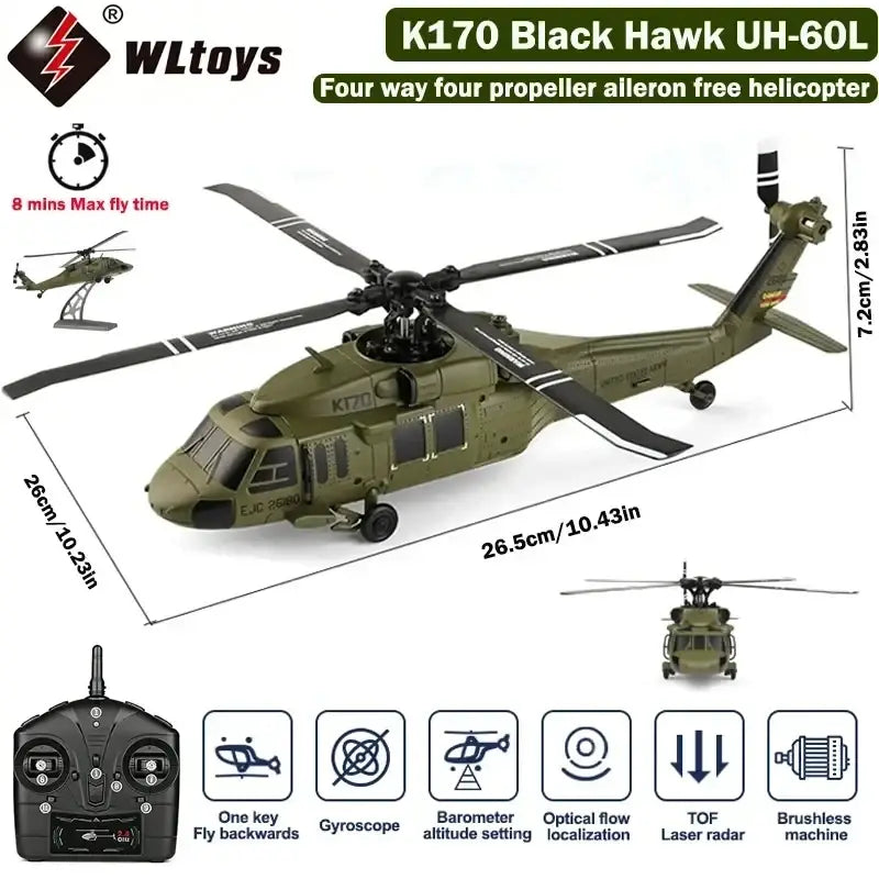 Olive green wltoys k170 black hawk uh-60l remote control helicopter toy with black rotor blades and military markings